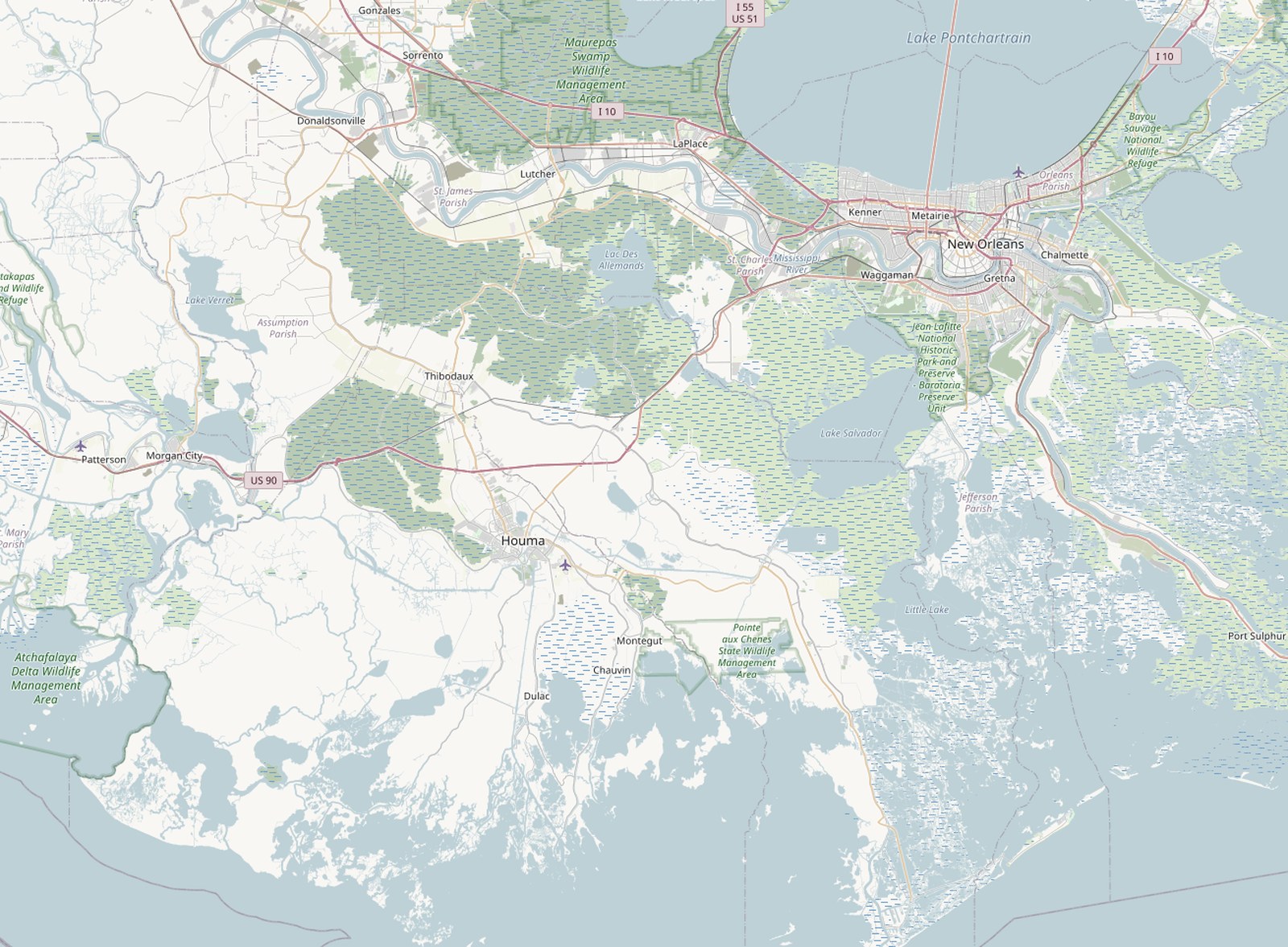 Map of South Louisiana showing Alliance Roofing service areas including Lockport, Houma, Thibodaux, Galliano, New Orleans and Morgan City